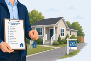 Illustration of a landlord holding a checklist and keys in front of a small rental property in Ajax, Ontario.